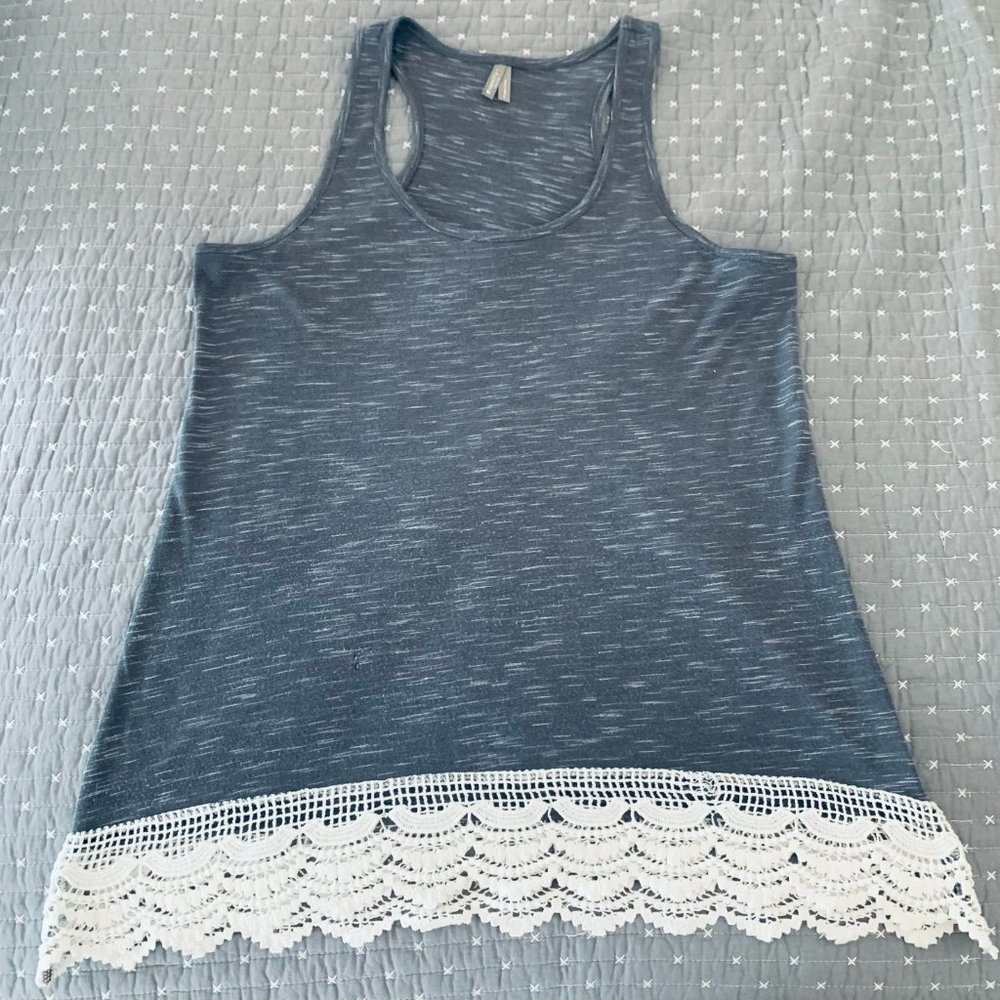 Vanity Gray Tank with White Lace Hem